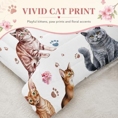 AILONEN Watercolor Cat Print Bedding Set Twin Size with Cats and Footprints Comforter Set for Boys Girls,Group of Cute Cats Soft Breathable White Tint Duvet Set 3 Pieces, 1 Quilt and 2 Pillowcases