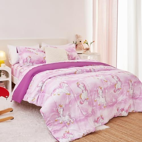 Yibeizi Unicorn Kids Comforter Set for Girls Twin Lavender Bedding