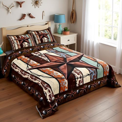Western Texas Star Kids Comforter Set Full Size,Vintage Wooden Plank Bedding Set,Girls Boys Adults Bedroom Decor,Rustic Farmhouse West Cowboy Down Comforter,Brown Retro Duvet Insert,2 Pillowcases