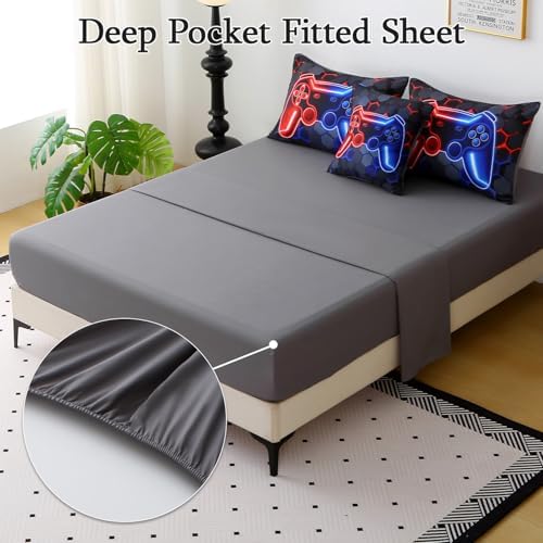 JQinHome Full Gaming Bedding Set 6-Piece Comforter for Kids Teens - 3D Video Game Console Print Bed in a Bag with Ultra-Soft Fluffy Sheets, Red-Blue Unisex Design (Full)