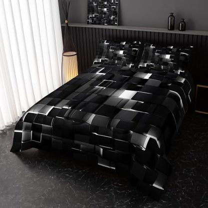Nttopship Neon White Black Comforter Set Full Geometric Kids Bedding Set,3 PCS Geometry Honeycomb Bed Set Modern Quilt Set 1 Comforter 2 Pillow Cases Cool Room Decor All Season B-Side Black