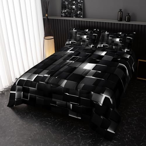 Nttopship Neon White Black Comforter Set King Geometric Kids Bedding Set,3 PCS Geometry Honeycomb Bed Set Modern Quilt Set 1 Comforter 2 Pillow Cases Cool Room Decor All Season B-Side Black