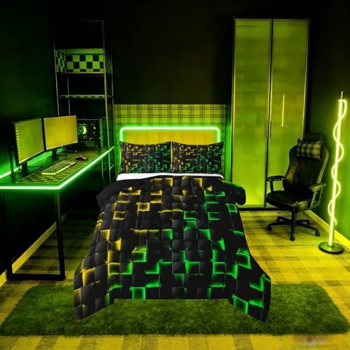 Erosebridal Geometric Checkered Comforter Set Toddler Neon Yellow Green Bedding Set for Kids Boys Teen Gamer Room Decor,Abstract Ombre Plaid Comforter Grids Quilt Duvet Black