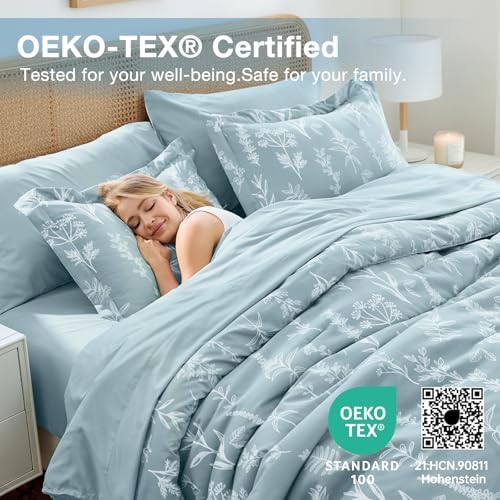 MUXHOMO Mineral Blue Twin Comforter Set, Elegant Floral Print Bed in a Bag 5 Pieces, Ultra Soft & Breathable Reversible Botanical Pattern Bedding Set with Comforter, Sheets, Pillowcase, and Sham