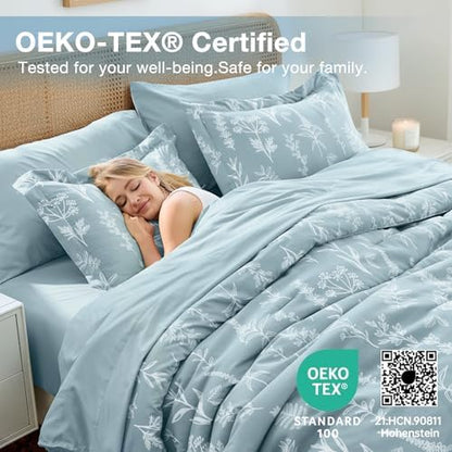 MUXHOMO Mineral Blue Twin Comforter Set, Elegant Floral Print Bed in a Bag 5 Pieces, Ultra Soft & Breathable Reversible Botanical Pattern Bedding Set with Comforter, Sheets, Pillowcase, and Sham