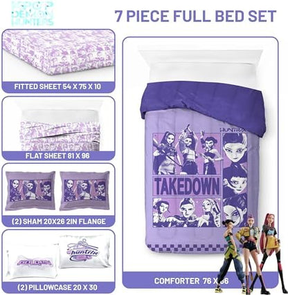 Kpop Demon Hunters Full Size Comforter Set 7 Piece Kids Bedding, Purple