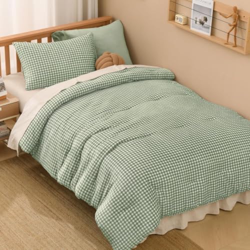 Litanika Velvet Flannel Gingham Comforter Set Twin, 3 Pcs Sage Bedding