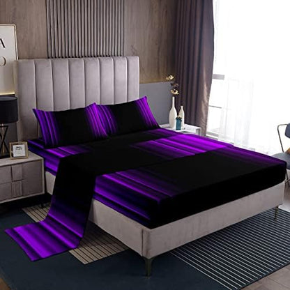 Feelyou Geometric Abstract Ombre Bed Sheets Kids Teens Purple and Black Striped Sheet Set Decor Modern Fashion Bed Set Bedroom Collection 4Pcs Queen Size