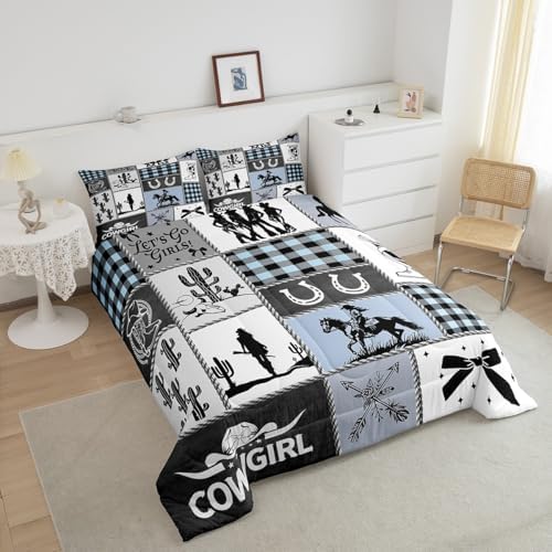 Western Cowgirl Girly Comforter Set Queen Size,Cactus Horseshoe Cow Skull Bow Bedding Set,Girls Women Room Decor,Cowgirl Boot Geometric Plaids Down Comforter,Blue Rustic Duvet Insert,2 Pillowcases