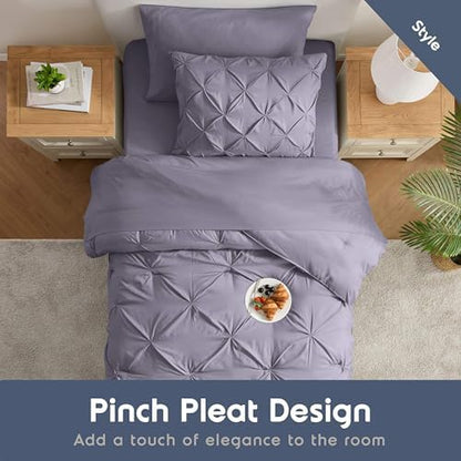 Nestl 7 Piece Twin XL Comforter Set – Dusty Purple Pinch Pleated Bed in a Bag – Complete Twin XL Size Bedding Set with Sheets, Set of 2 Cooling Pillows, Pillowcase and Sham