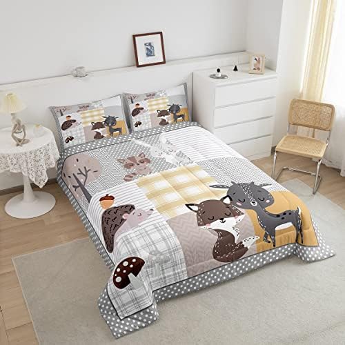 Homewish Cute Animals Full Size Comforter Set,Deer and Fox Bedding Set for Adults Teens,Children Grid Geometric Stripe Comforter Luxury Wild Animals Quilt Set Room Decor 3Pcs