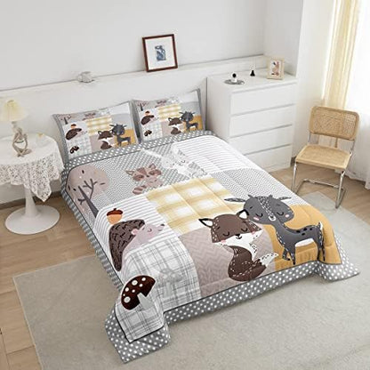 Homewish Cute Animals Full Size Comforter Set,Deer and Fox Bedding Set for Adults Teens,Children Grid Geometric Stripe Comforter Luxury Wild Animals Quilt Set Room Decor 3Pcs