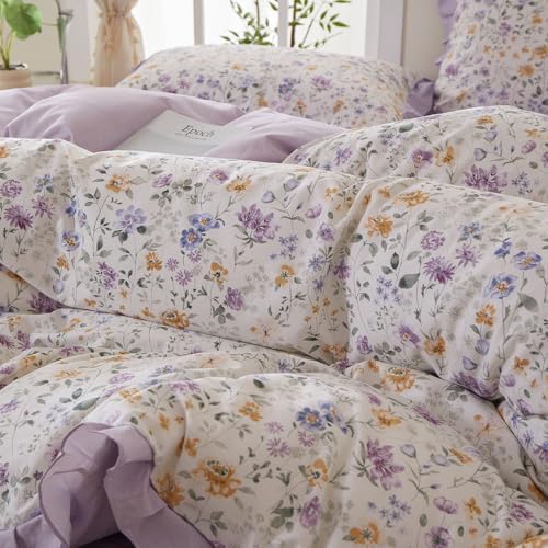 mixinni Floral Duvet Cover Set Twin Size, 100% Cotton 3-Piece Bedding Set with Ruffled Lace, Reversible Lavender Wildflower Ruffle Design, Soft Aesthetic Cottagecore Duvet Cover with Zipper Closure