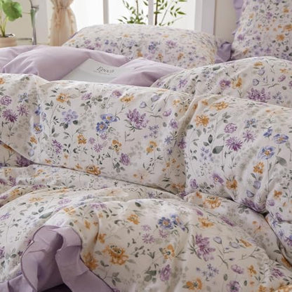 mixinni Floral Duvet Cover Set Twin Size, 100% Cotton 3-Piece Bedding Set with Ruffled Lace, Reversible Lavender Wildflower Ruffle Design, Soft Aesthetic Cottagecore Duvet Cover with Zipper Closure