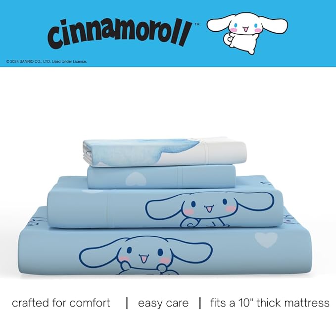 Cinnamoroll Bedding Super Soft Cozy Microfiber 3 Piece Twin Sheet Set, (Officially Licensed Product) by Franco Collectibles