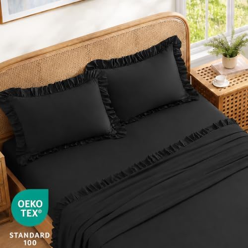 ROSE&RISY Queen Ruffle Sheet Set 4 Piece - Black Soft Lightweight Microfiber Bedding with Deep Pocket, Breathable Ruffled Flat Sheet & Pillowcases (Black, King Size)