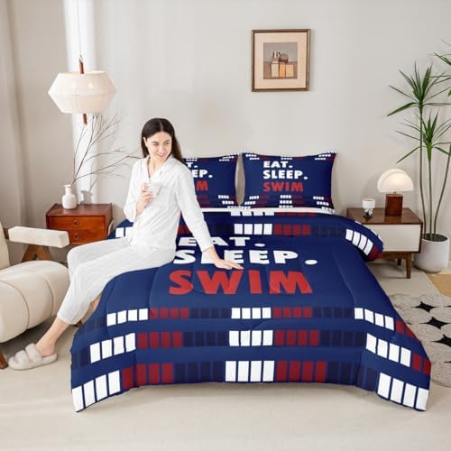 Homewish Swim Lover Comforter Set Twin Size,Kids Swimming Bedding Sets 2Pcs for Teens Boys Men Adult Room Decor,Swimming Sports Quilted Duvet Chic Navy Blue Red Lines Down Comforter,1 Pillowcase