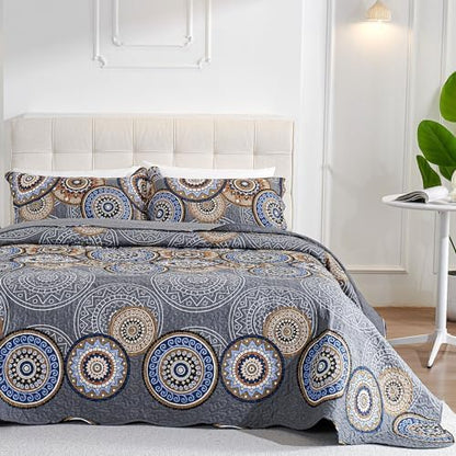 3 Pieces King Size Quilt Set Lightweight Summer Bedspread 98''x106'' Soft Microfiber Floral Coverlet Luxurious Warm Bed Cover for All Seasons Vintage Gray Bedding Set (1 Quilt, 2 Pillow Shams)
