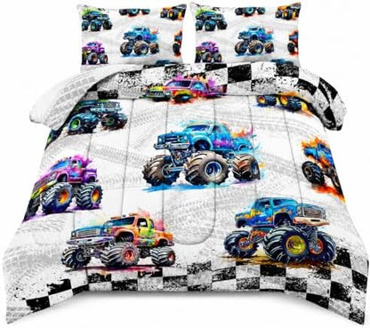 AILONEN 3-Piece Colorful Monster Truck Bedding Set Full Size,Featuring Cartoon Trucks and Checkered Flag Pattern Comforter Set Perfect for Kids Rooms,1 Quilt with 2 Pillowcases,Soft Comfortable