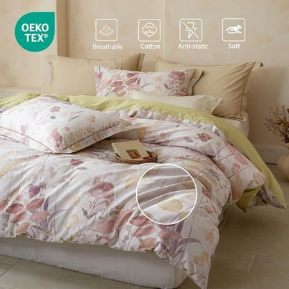 Floral Comforter King Size - 100% Long Staple Cotton Gradient Reversible Comforter Set 3pcs, Breathable and Hypoallergenic Bedding Set