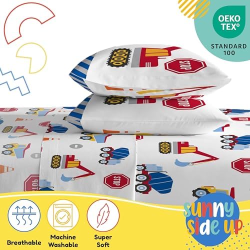 Sunny Side Up Construction Zone Full Sheet Set - 4 Piece Kids Bedding Set Includes Pillow Cover - Super Soft Trucks Microfiber Sheets