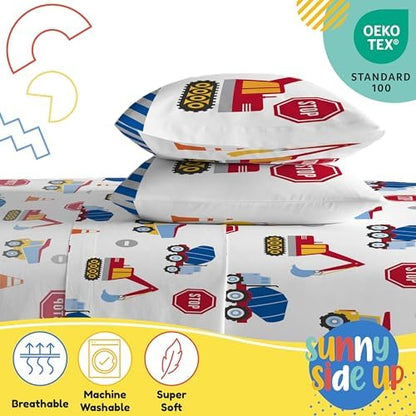 Sunny Side Up Construction Zone Full Sheet Set - 4 Piece Kids Bedding Set Includes Pillow Cover - Super Soft Trucks Microfiber Sheets