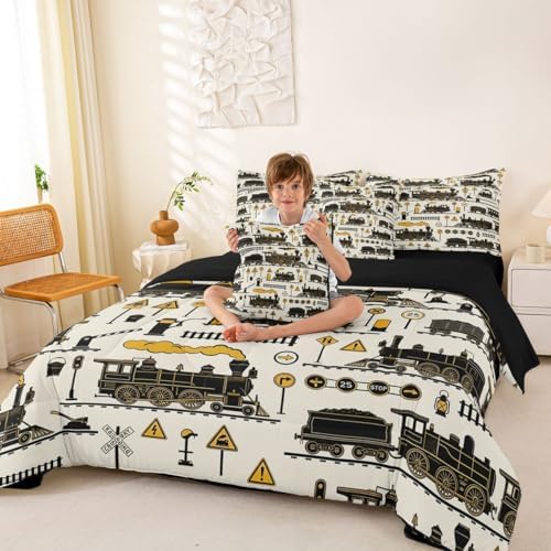 Erosebridal 7 Pcs Cartoon Steam Train Kids Bedding Set Queen Size Funny Train Comforter Set with Sheets for Boys Teens Men Retro Transport Vehicle Bed in A Bag Steampunk Railway Aesthetic Bed Sets