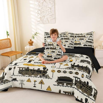 Erosebridal 7 Pcs Cartoon Steam Train Kids Bedding Set Queen Size Funny Train Comforter Set with Sheets for Boys Teens Men Retro Transport Vehicle Bed in A Bag Steampunk Railway Aesthetic Bed Sets