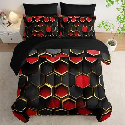 7 Piece Red and Black Comforter Set King Checkered，King Size Checkered Bedding Set，(1 Comforter, 1 Flat Sheet, 1 Fitted Sheet, 2 Pillowcase and 2 Pillow Sham)