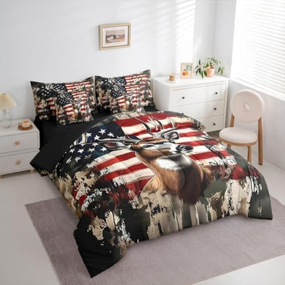 Erosebridal Rustic Deer 7 Pieces Bedding Set Twin Size,American Flag Bed in a Bag,Camouflage Animal Bed Set Includes Comforter,Sheet Set,Pillowcases & Pillow Covers,Stars Stripes Bedroom Decor
