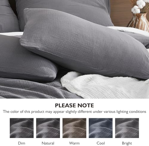 EMME Muslin Cotton Duvet Cover Set Linen Like Dark Grey Queen