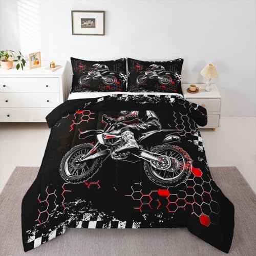 Castle Fairy Dirt Bike Twin Size Comforter Set for All Seasons,Extreme Sports Racing Car Bedding Set Teens Bedroom Decor,Red Geometric Honeycomb Comforter Inner Fill with 1 Pillowcase