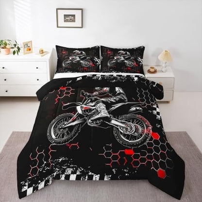 Castle Fairy Dirt Bike Twin Size Comforter Set for All Seasons,Extreme Sports Racing Car Bedding Set Teens Bedroom Decor,Red Geometric Honeycomb Comforter Inner Fill with 1 Pillowcase