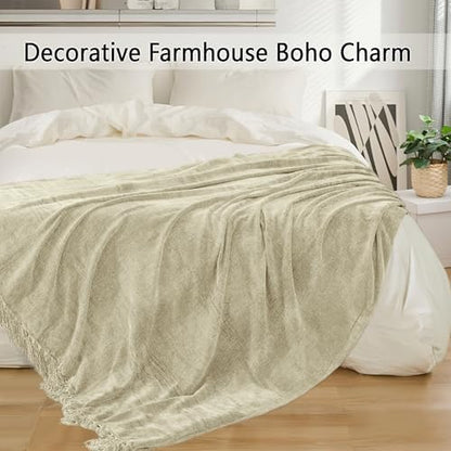 Chenille Throw Blanket for Couch 60" x 80" Twin, Light Beige