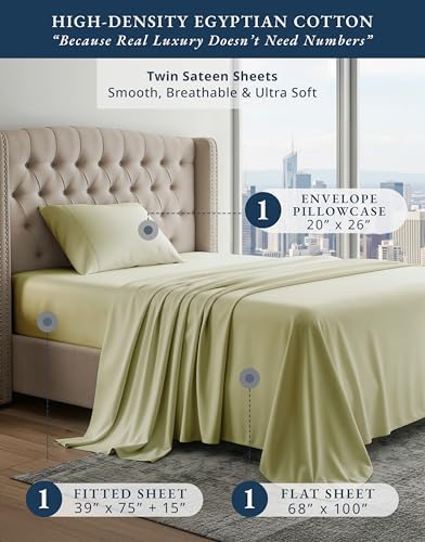 LANE LINEN 100% Egyptian Cotton Twin Sheet Set Silky Sateen Weave - Seafoam