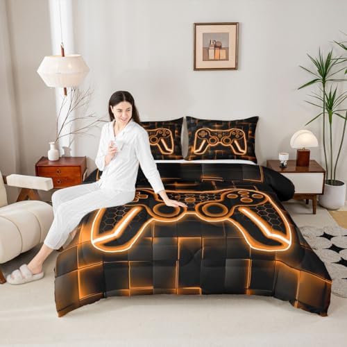 Feelyou Kids Gamer Comforter Set King Size Orange Black Bedding Set Boys