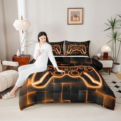 Feelyou Kids Gamer Comforter Set King Size Orange Black Bedding Set Boys