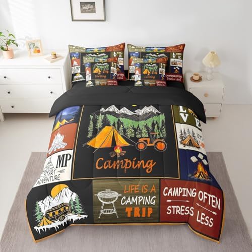 Erosebridal 7 Piece RV Bunk Camper Bed Comforter Set Twin with Sheets,Happy Camping Bedding Set for Kids Adults Travel Trailer Decor,Rustic Country Patchwork Quilt Bed Set with Fitted+Flat Sheet