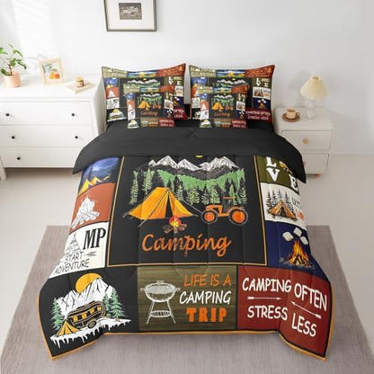 Erosebridal 7 Piece RV Bunk Camper Bed Comforter Set Twin with Sheets,Happy Camping Bedding Set for Kids Adults Travel Trailer Decor,Rustic Country Patchwork Quilt Bed Set with Fitted+Flat Sheet
