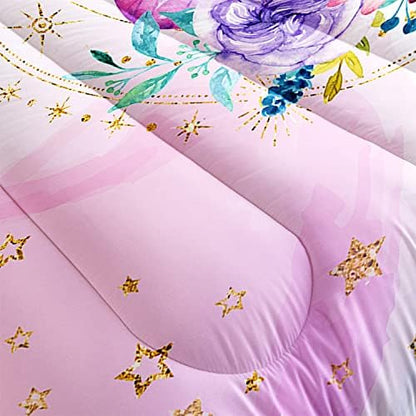 HOSIMA Butterfly Comforter Set for Girls, Pink Floral Comforter Twin Size with Golden Star and Colorful Butterfly Pattern, Includes 2 Pillowcases