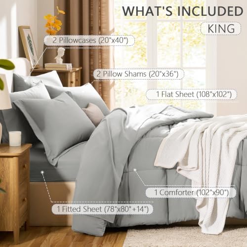 CozyLux King Size Comforter Set, 7-Piece Bed in a Bag, Silver Grey