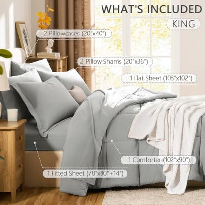 CozyLux King Size Comforter Set, 7-Piece Bed in a Bag, Silver Grey