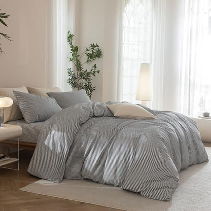 JIYUAN Alaska King Washed Cotton Duvet Cover Set, Linen-Like Pinstripe