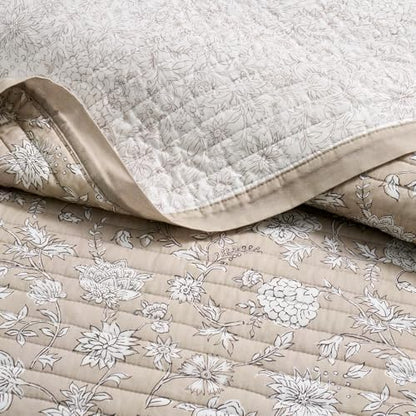EverGrace 100% Cotton Floral Quilt Set, Queen Size, Sandstone Beige 92"×96"