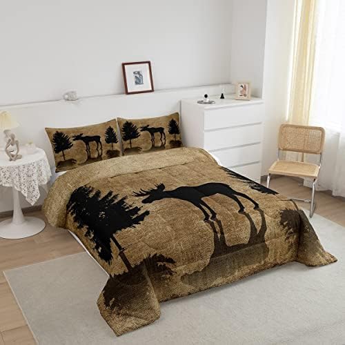 Moose Print Comforter Set for Teens Kids Men Bedroom Decor, Wild Animal Deer Pattern Duvet Insert Unique Exotic Style Bedding Set Vintage Decor Quilt Ultra Soft Bedding Comforters King Size