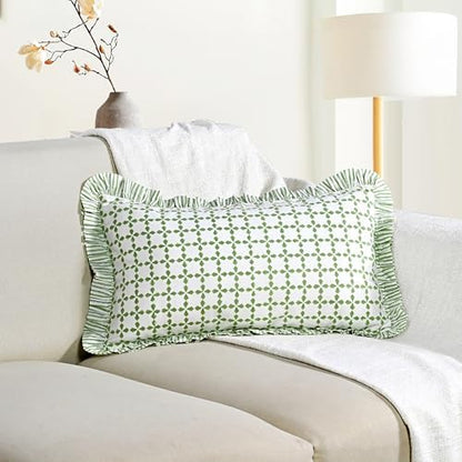 CPC Block Print Kelly Green Ruffle Cotton Lumbar Pillow Cover 12x20 inch