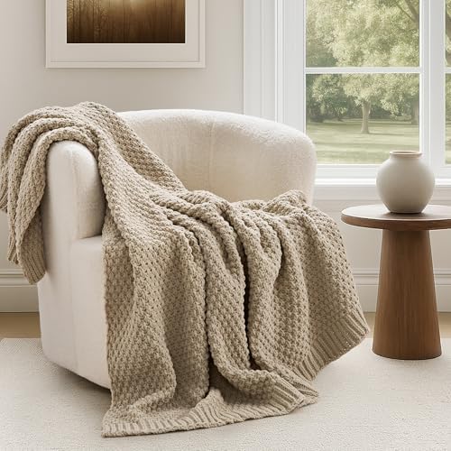 EVERGRACEHOME Chunky Chenille Knit Throw Blanket, 50 x 60, Sand Dune