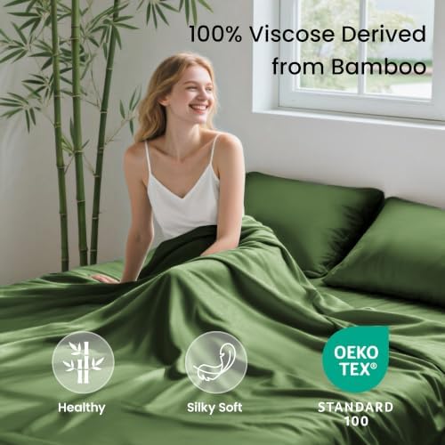 Love's cabin 4 Piece Queen Sheet Set, 100% Rayon Derived from Bamboo, Cooling & Breathable, Soft Silky Deep Pocket up to 16", Hotel Luxury Bedding for Hot Sleepers, Olive Green