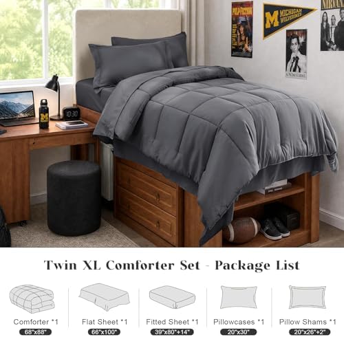 JOLLYVOGUE Twin Comforter Set, Ultra-Soft Bed in a Bag Twin Size 5 Pieces, Oeko-TEX Certified Bedding Set with Down Alternative Comforter, Sheets, Pillowcases & Shams, Dark Grey