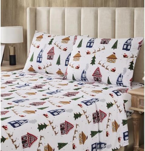 Sweet Home Collection Flannel Christmas Sheet Set, Santa's Village King, Deep Pocket Soft Brushed Microfiber Holiday Bedding with Fitted Sheet, Flat Sheet & Pillowcase(s)